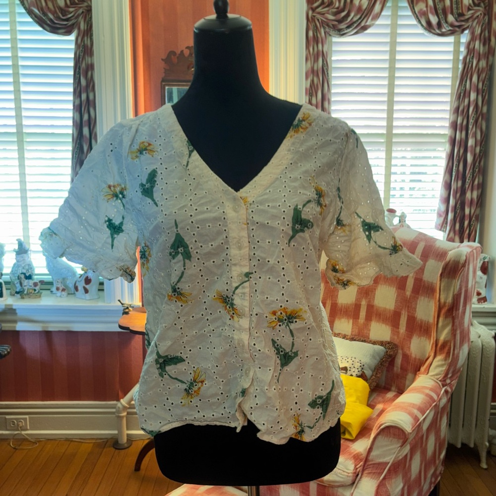 Madewell White Eyelet Blouse with Floral Print